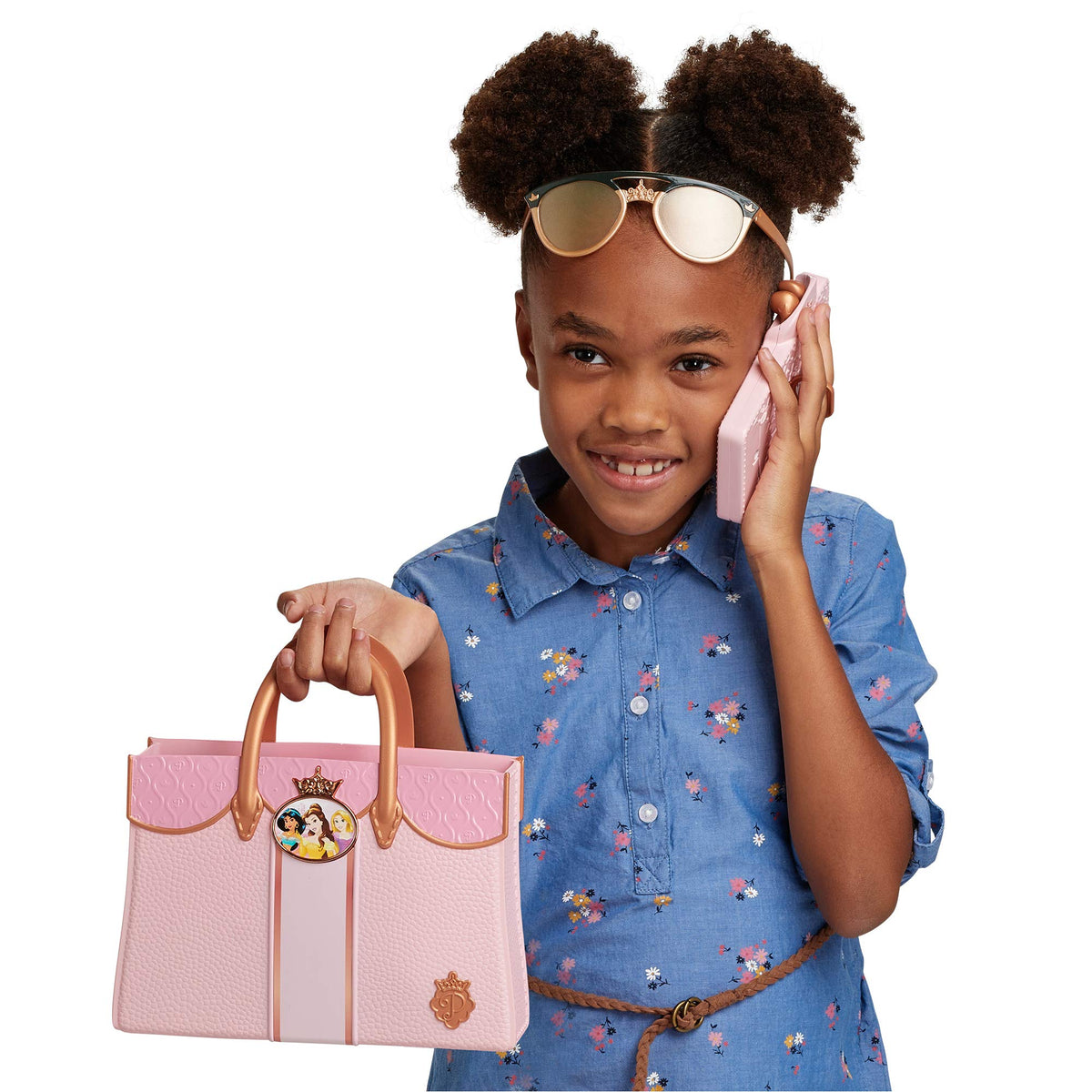 Disney Princess play phone case with integrated ear buds for pretend calls and music.