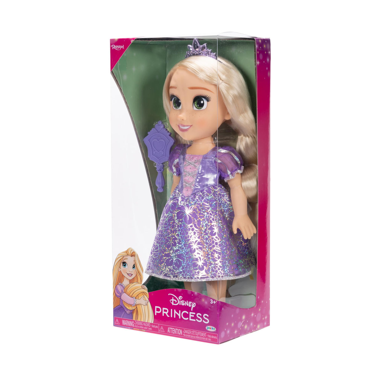 Rapunzel doll holofoil-skirt shines during pretend adventures.
