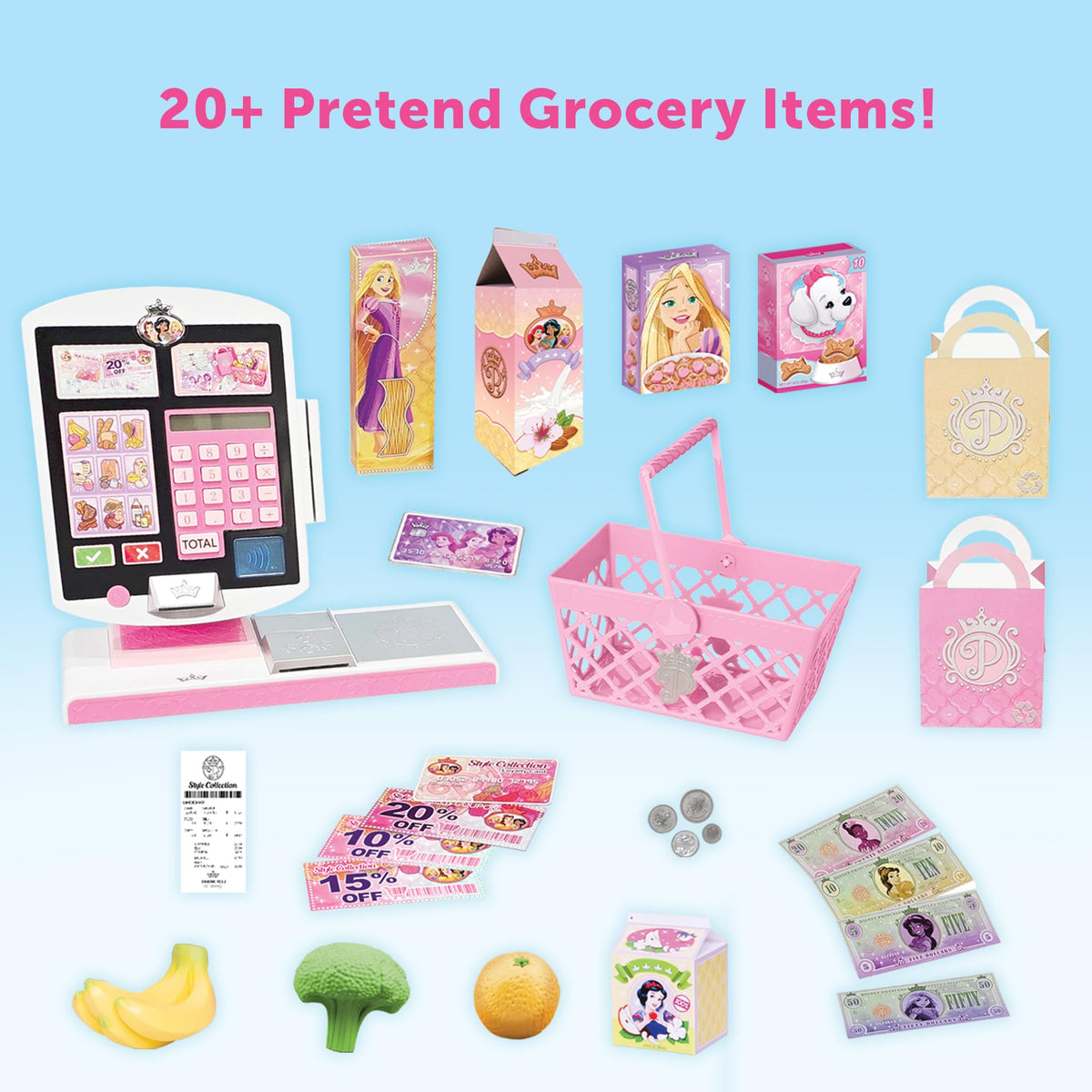 Disney Princess receipt and coupons included for a complete pretend checkout experience.