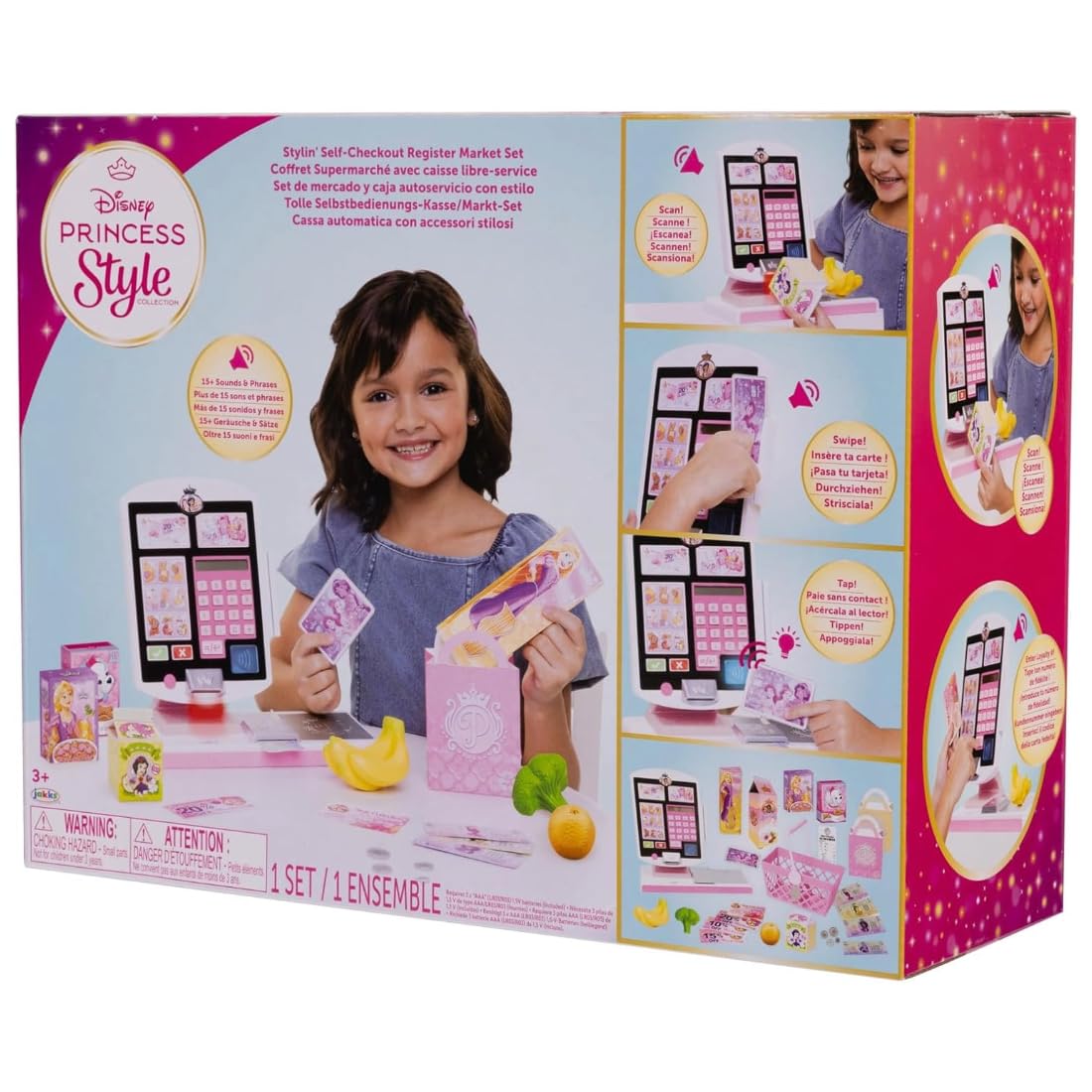 Disney Princess Stylin’ Self-Checkout sounds and lights simulate a real store.