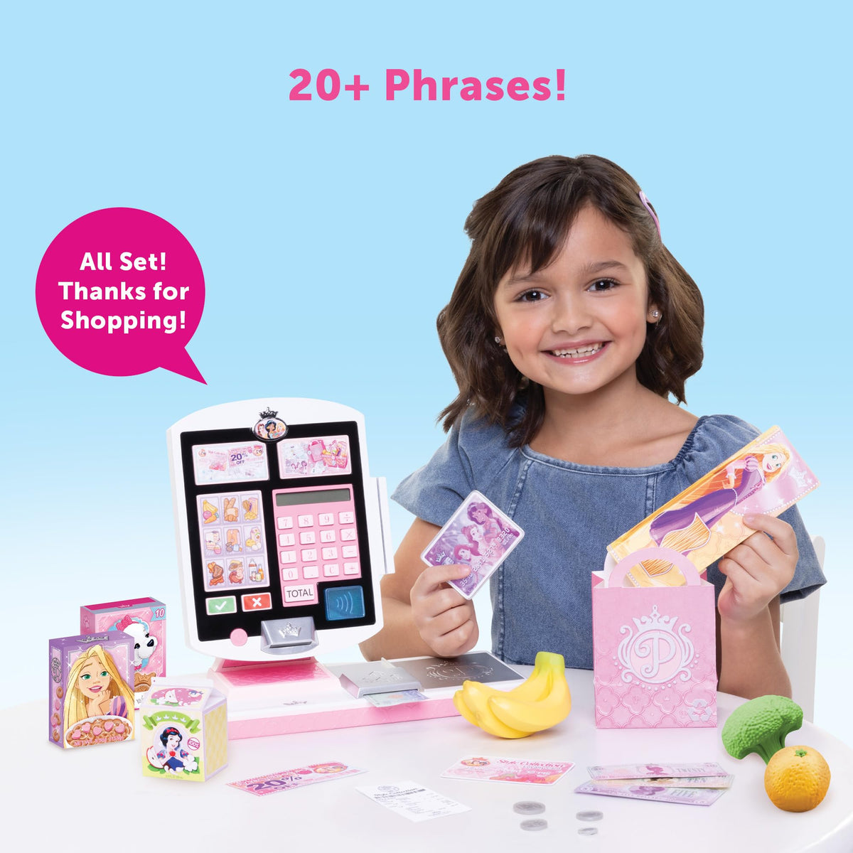 Disney Princess grocery basket with pretend items ready for checkout to spark imaginative play.