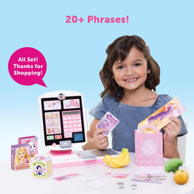 Disney Princess grocery basket with pretend items ready for checkout to spark imaginative play.