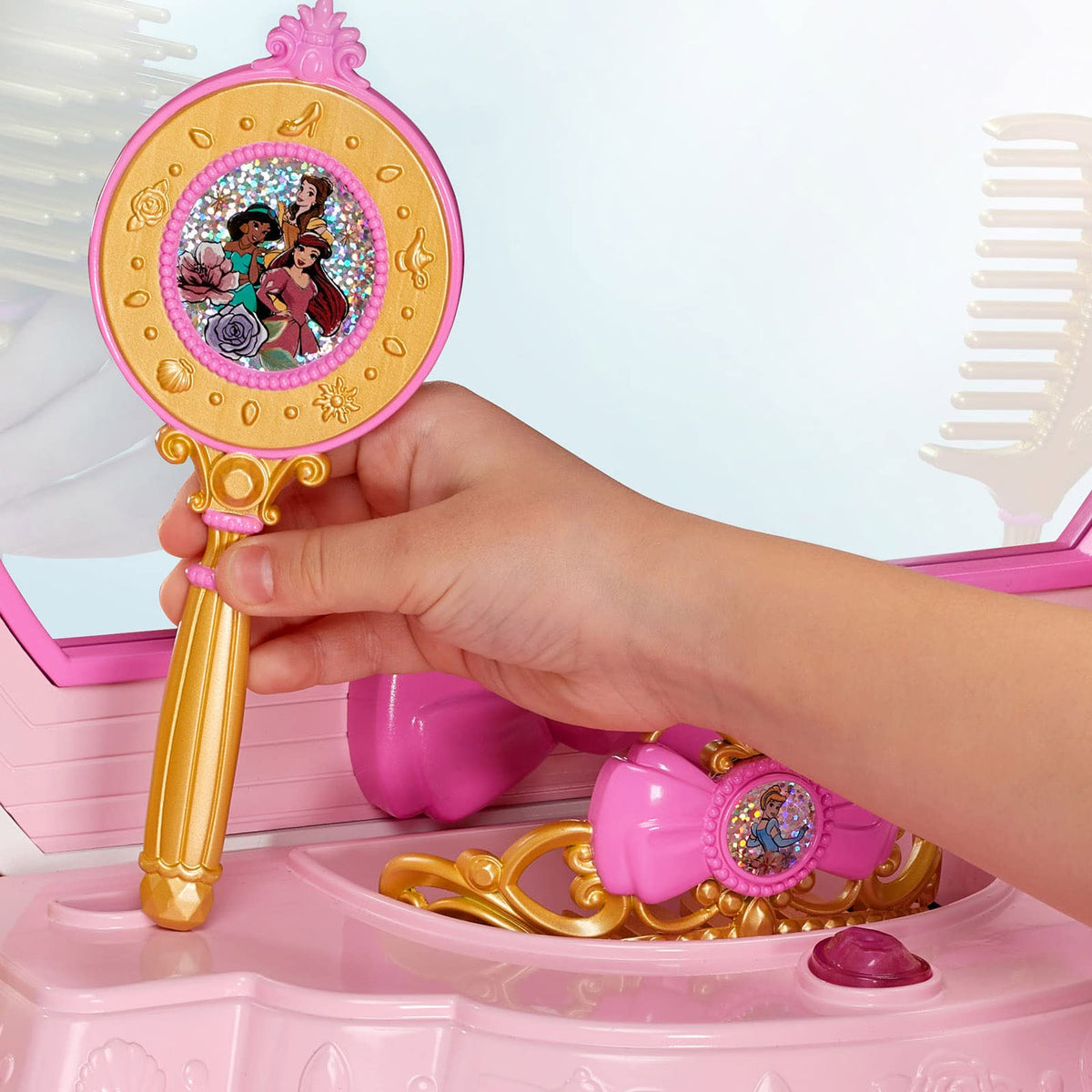 Disney Princess Vanity drawer open showing rings storage for magical accessories.