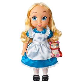 Disney Store Alice doll in blue satin dress with white apron, ideal for display and imagination