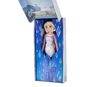 Disney Store Elsa doll with ice-print satin gown for enchanting dress-up.