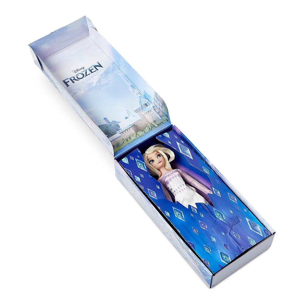 Disney Store Elsa doll showcases sheer glitter sleeves for magical costume effects.