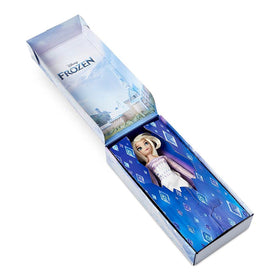Disney Store Elsa doll showcases sheer glitter sleeves for magical costume effects.