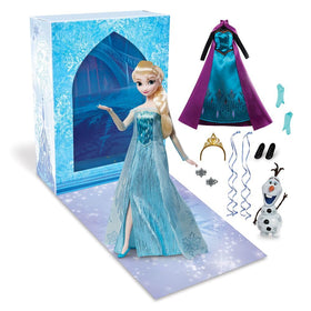 Disney Store Elsa Story Doll in blue satin gown, ideal for imaginative princess play.