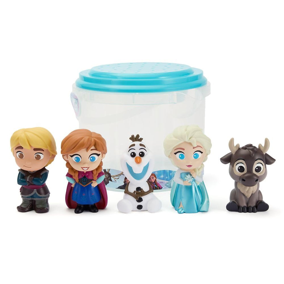 Disney Store Frozen bath toy set bucket with pour spout supports easy cleanup.