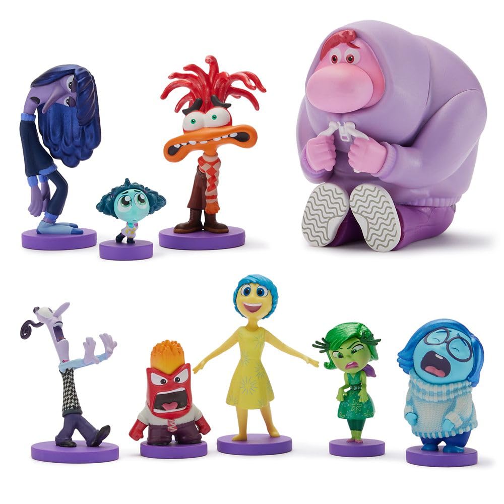 Disney Store Inside Out 2 figure set in a double-tiered display box with scenic backgrounds.