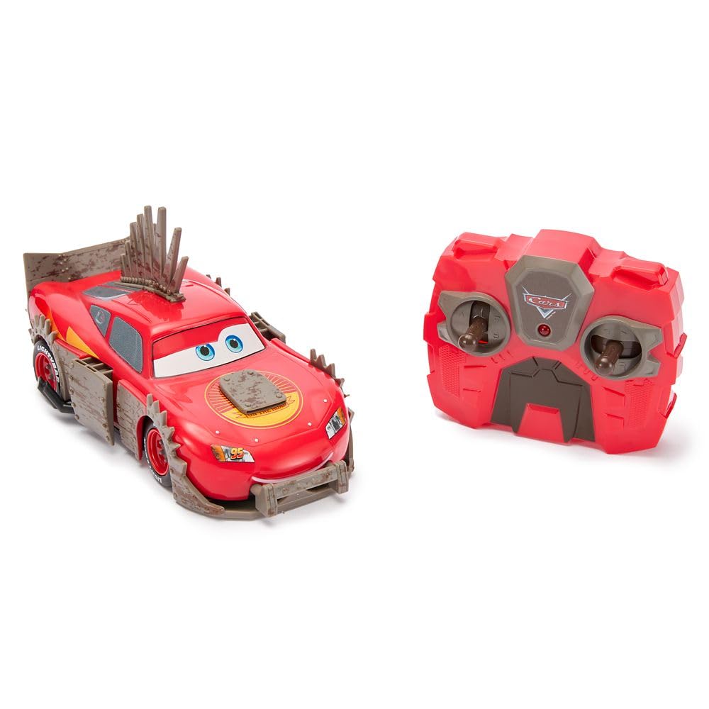 Disney Store Lightning McQueen RC car in crash-rebuild action.