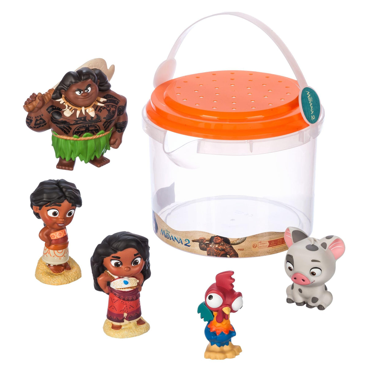 Disney Store Moana bath toys bucket keeps toys organized after bath time.