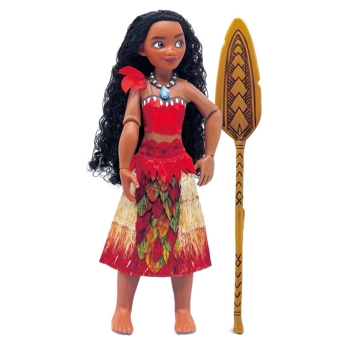 Disney Store Moana doll wearing authentic costume with tapa details.