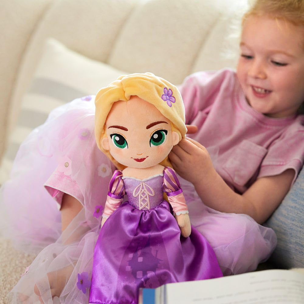 Rapunzel plush from Disney Store with embroidered features for toddler-safe cuddling