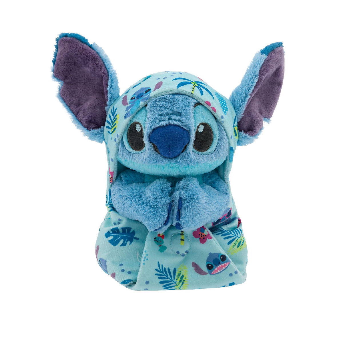 Disney Store Stitch plush with baby swaddle close-up, soft velour texture for cuddles