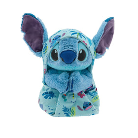 Disney Store Stitch plush with baby swaddle close-up, soft velour texture for cuddles