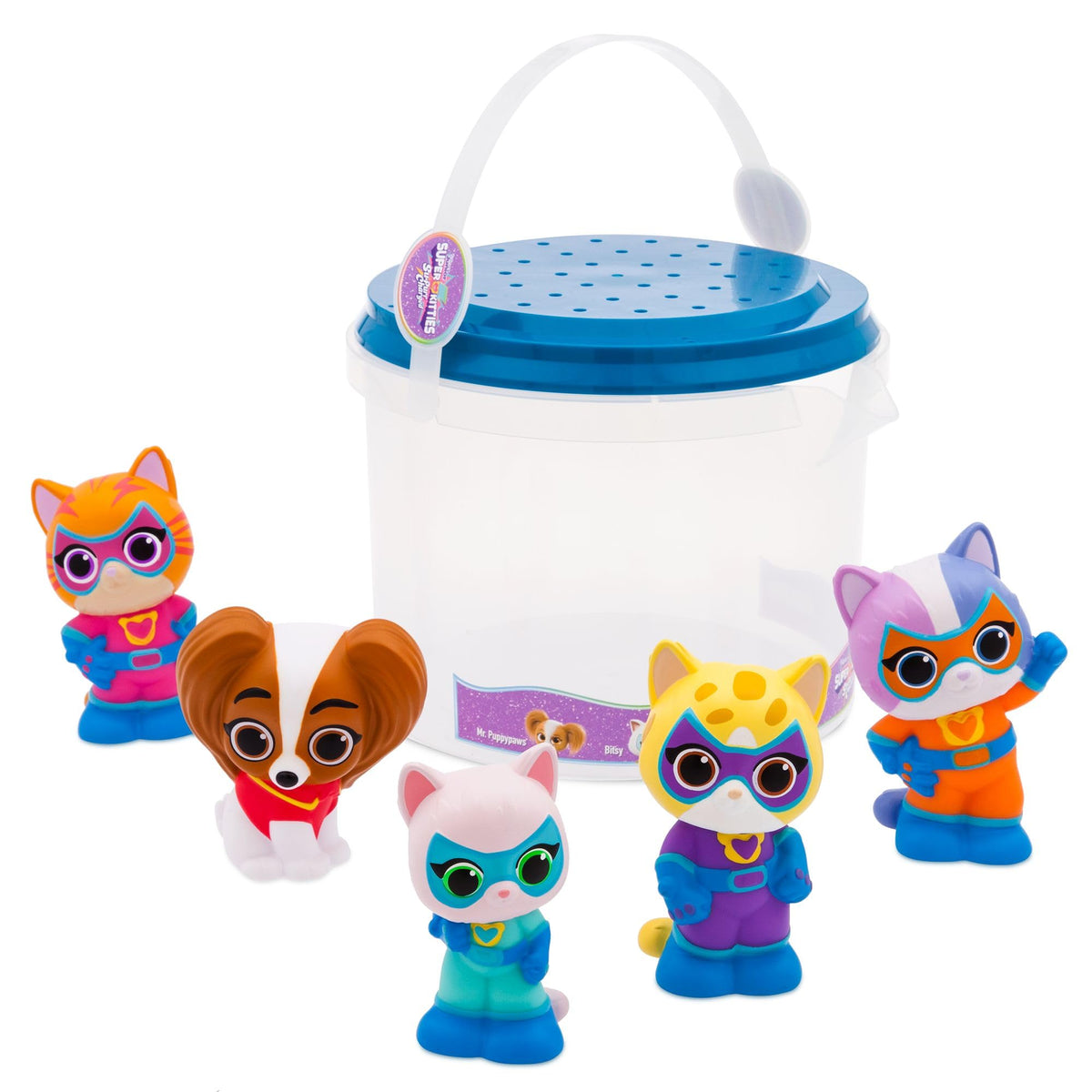 Disney Store SuperKitties bath toy bucket with pour spout for easy water play.