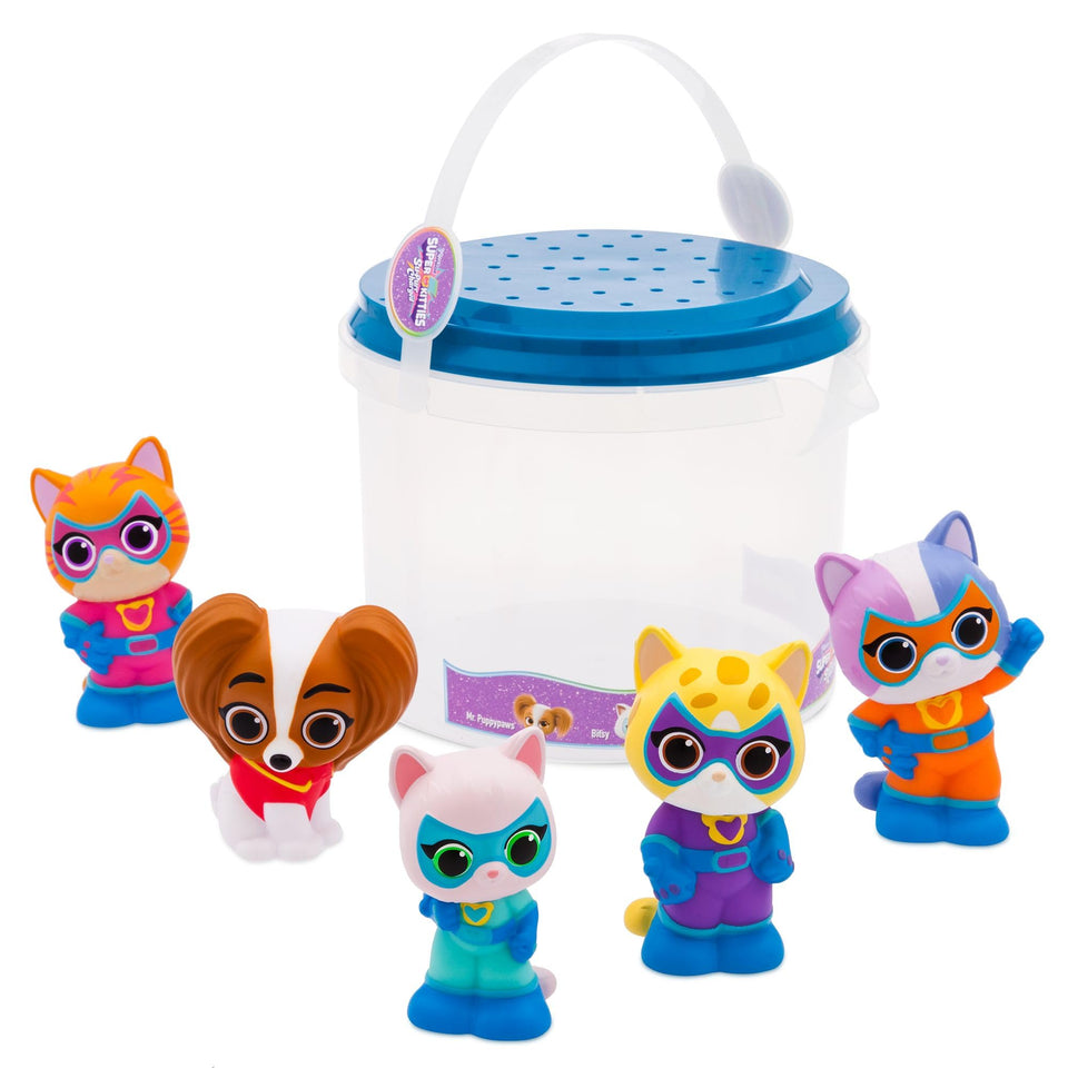 Disney Store SuperKitties bath toy bucket with pour spout for easy water play.