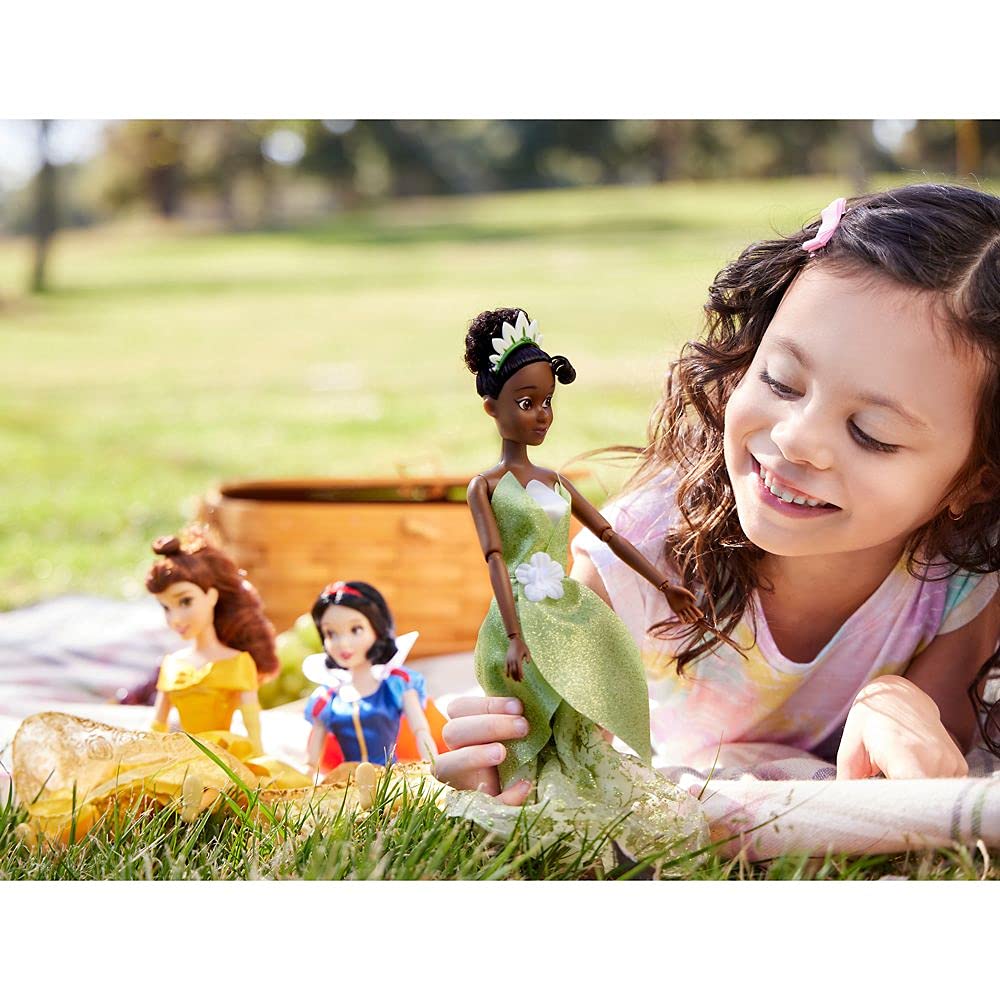 Disney Store Tiana doll tiara accessory enhances royal dress-up moments.
