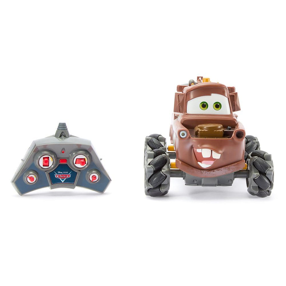 Disney Store Tow Mater RC car front view with light-up smoke for immersive play.