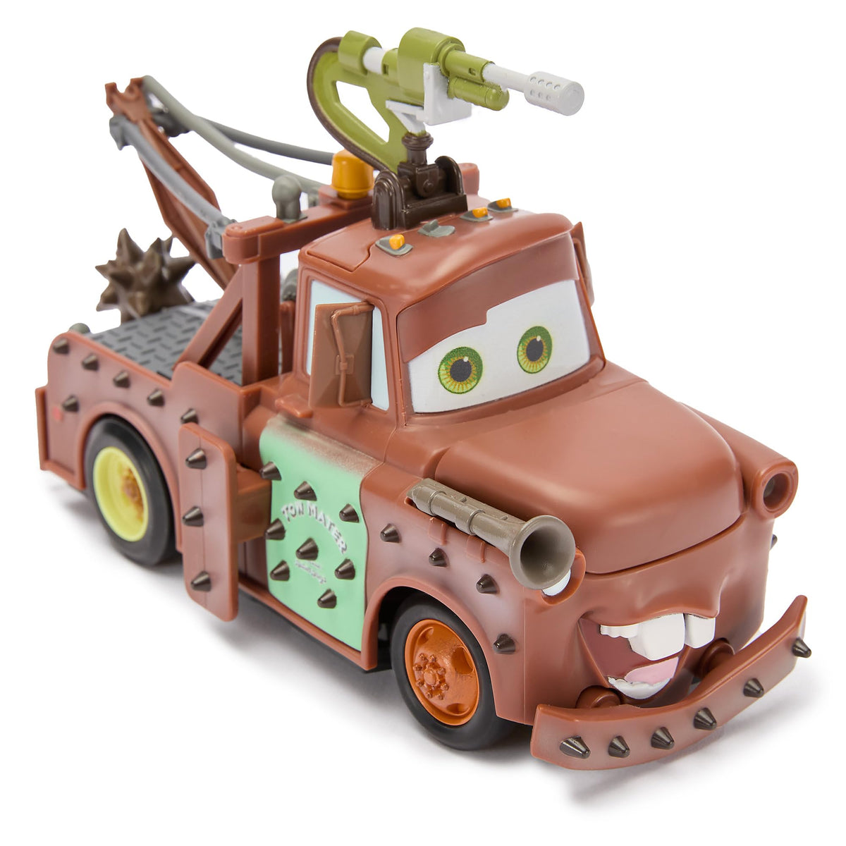 Disney Store Tow Mater RC car side view highlights removable armor panels for quick rebuilds.