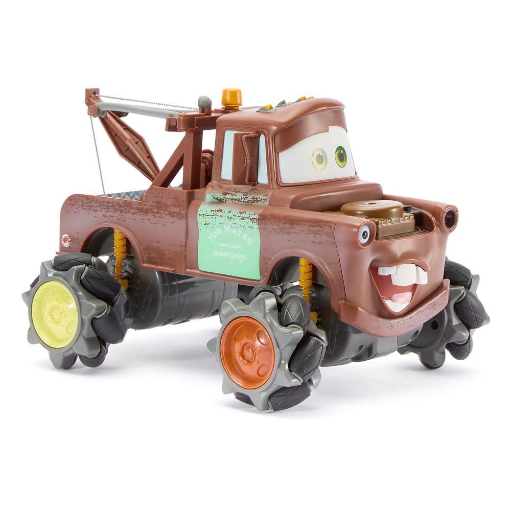 Disney Store Tow Mater RC car side action captures off-road excitement for durable fun.