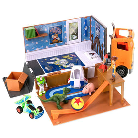 Woody and Buzz figures with moving truck in action
