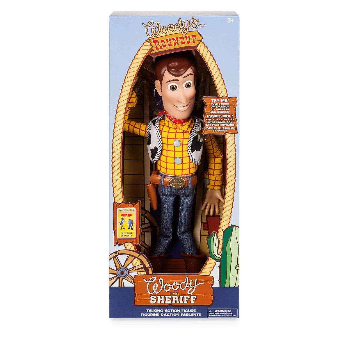 Disney Store Woody detailed head and boots reflect iconic Toy Story design.