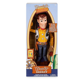 Disney Store Woody detailed head and boots reflect iconic Toy Story design.
