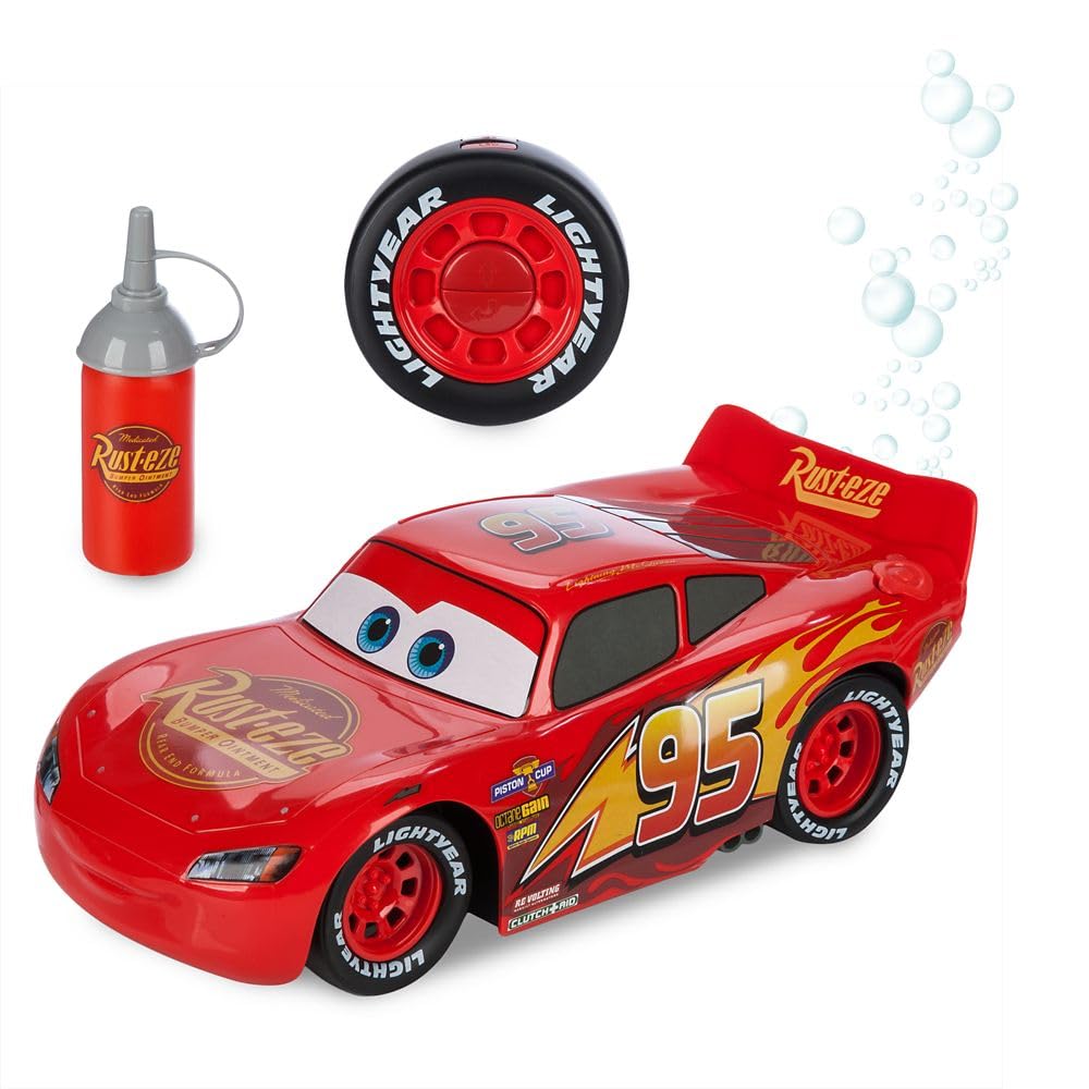 Disney Store Lightning McQueen bubble-trail RC car in action for imaginative play.