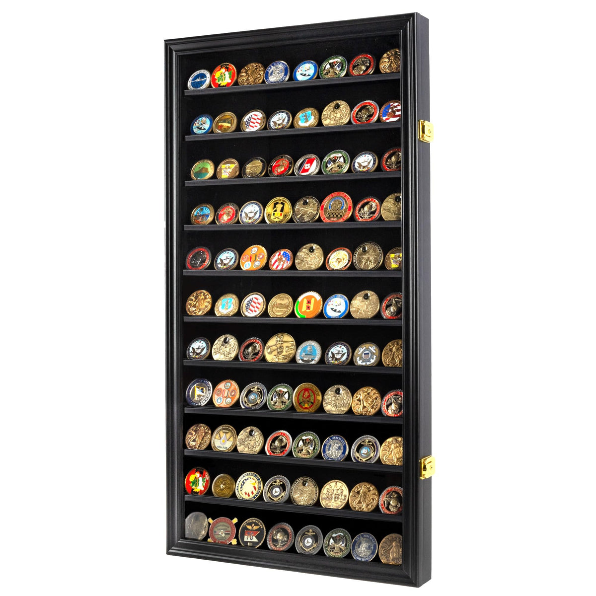 DisplayGifts Military Challenge Coin Display Case with black finish securely showcases coins at home or in the office.