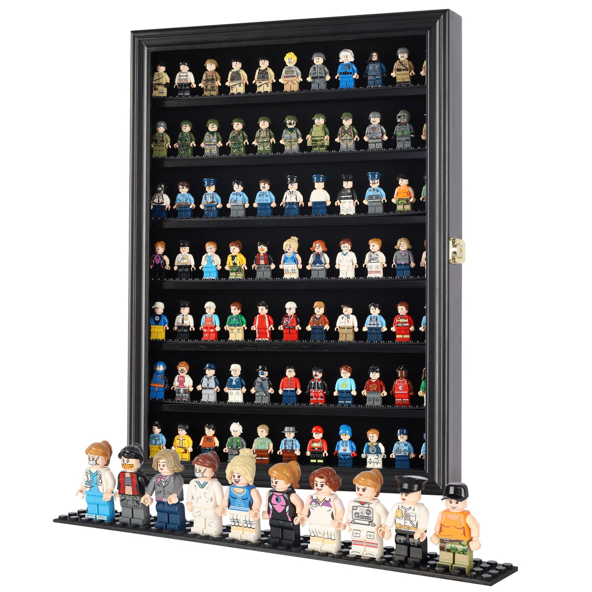 DisplayGifts minifigure display case with black frame protects up to 80 figures.