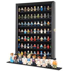 DisplayGifts minifigure display case with black frame protects up to 80 figures.