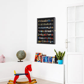 DisplayGifts shelf height 2.25 inches fits standard minifigures.
