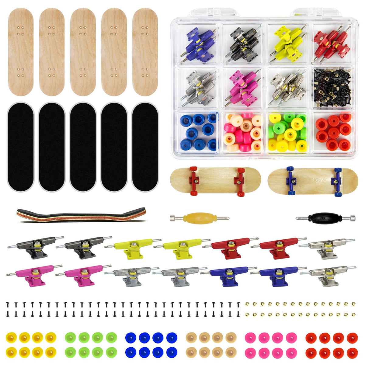 DisplayMore durable zinc alloy trucks provide steady handling during fast fingerboarding.