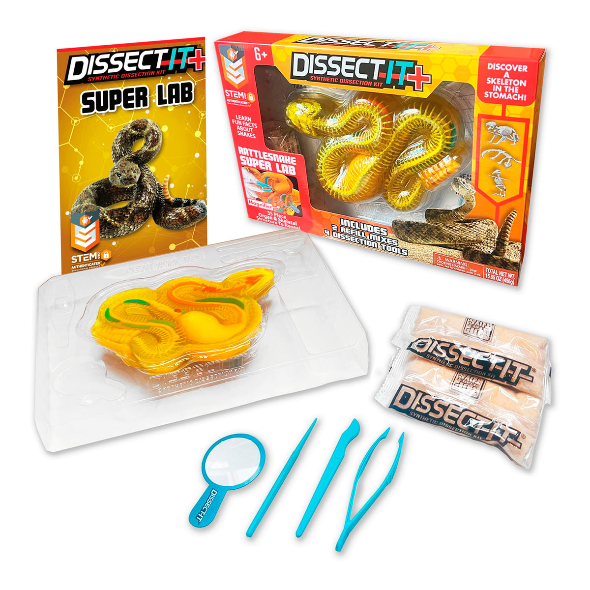 Dissect It rattlesnake kit on a worktable with tool set for safe learning.