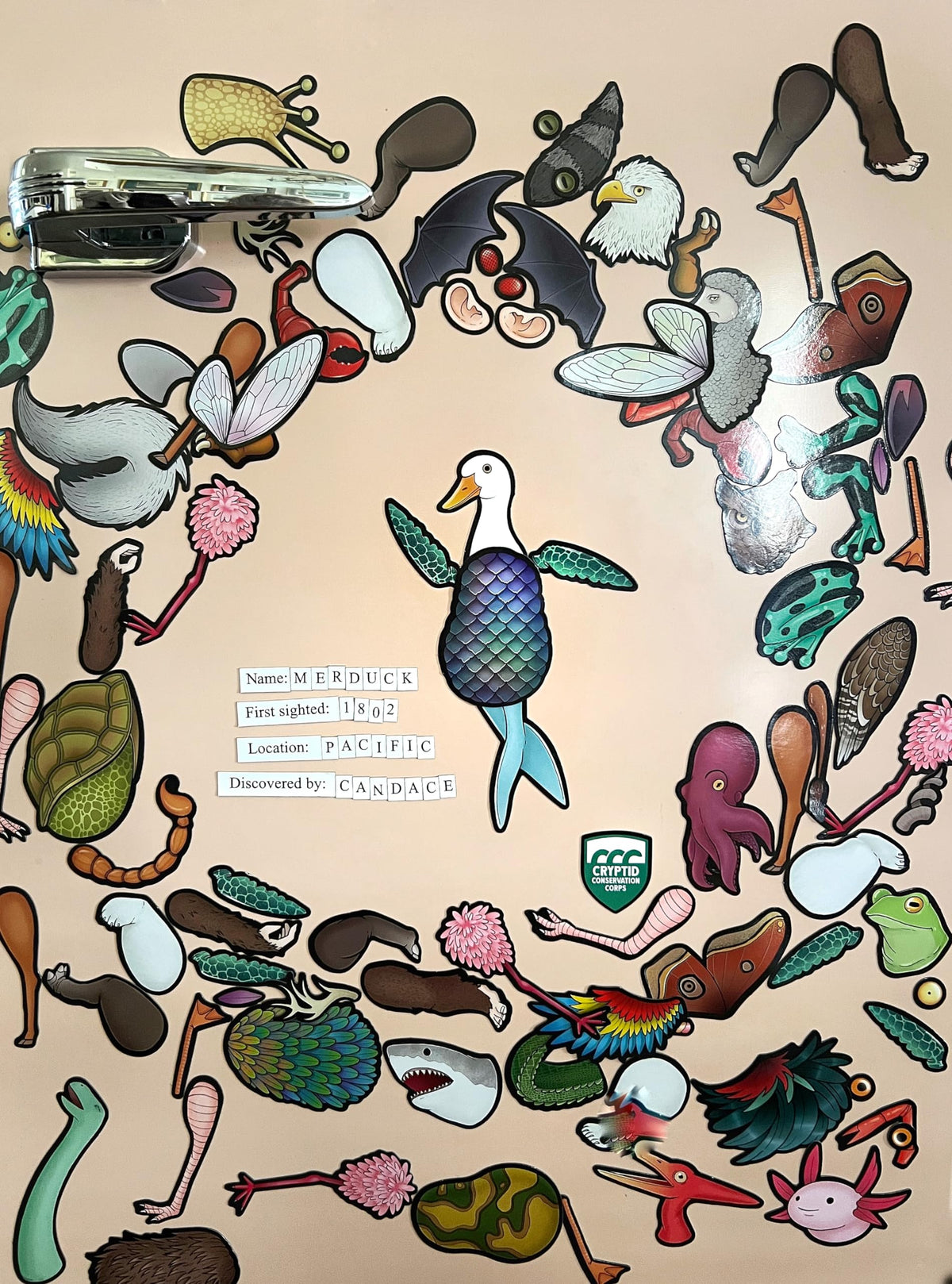 Dissent Pins Cryptid Kit communicates a playful conservation theme through imagined creatures