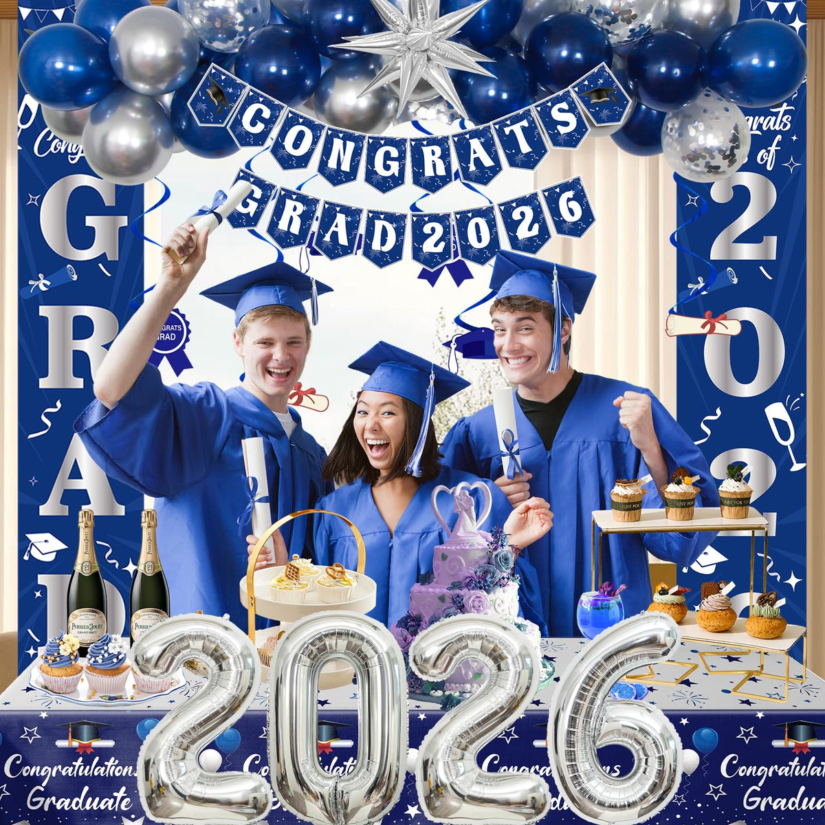 Distasio blue hanging swirls frame the celebration overhead.