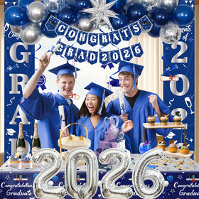 Distasio blue hanging swirls frame the celebration overhead.