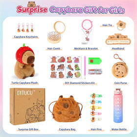 Ditucu Strawberry Capybara Plush with water bottle demonstrates portable fun for outdoor adventures.