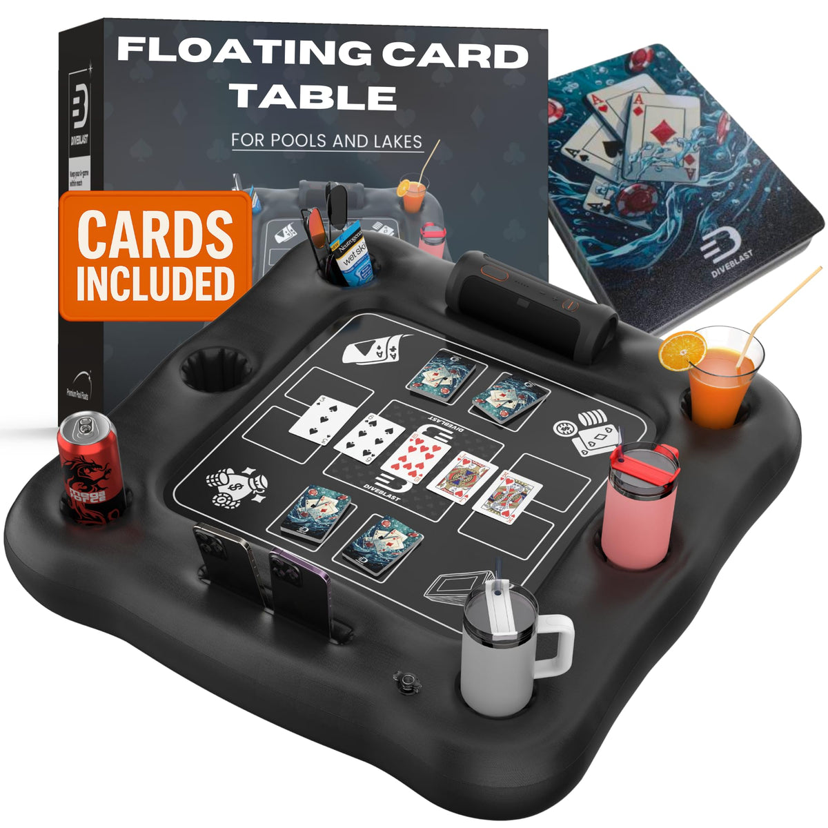 DIVEBLAST floating table in pool with waterproof cards for hands-free gameplay.
