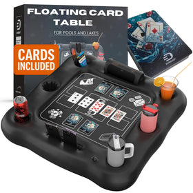 DIVEBLAST floating table in pool with waterproof cards for hands-free gameplay.