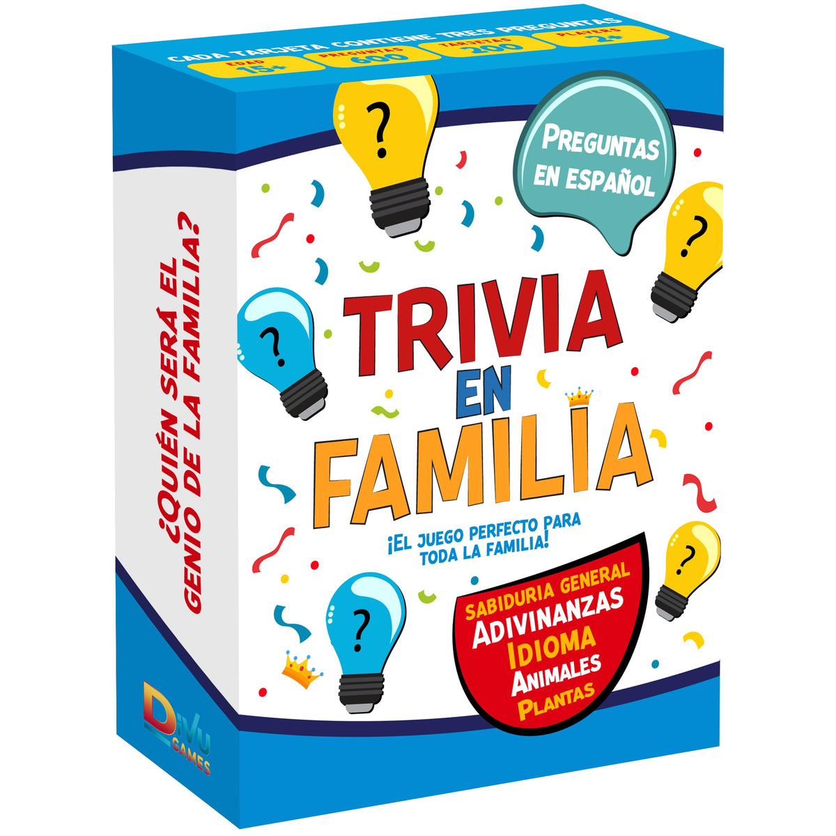 DiVU Games Trivia Family Card Set features 600 Spanish questions for learning and fun.