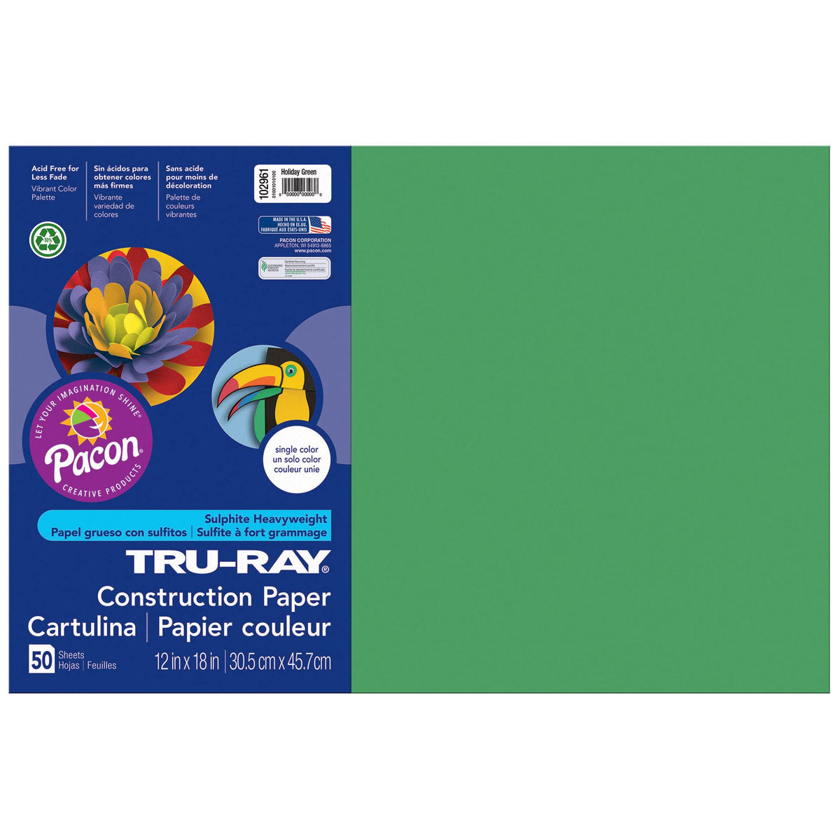 Holiday Green Tru-Ray paper, fade-resistant for long-lasting classroom projects.
