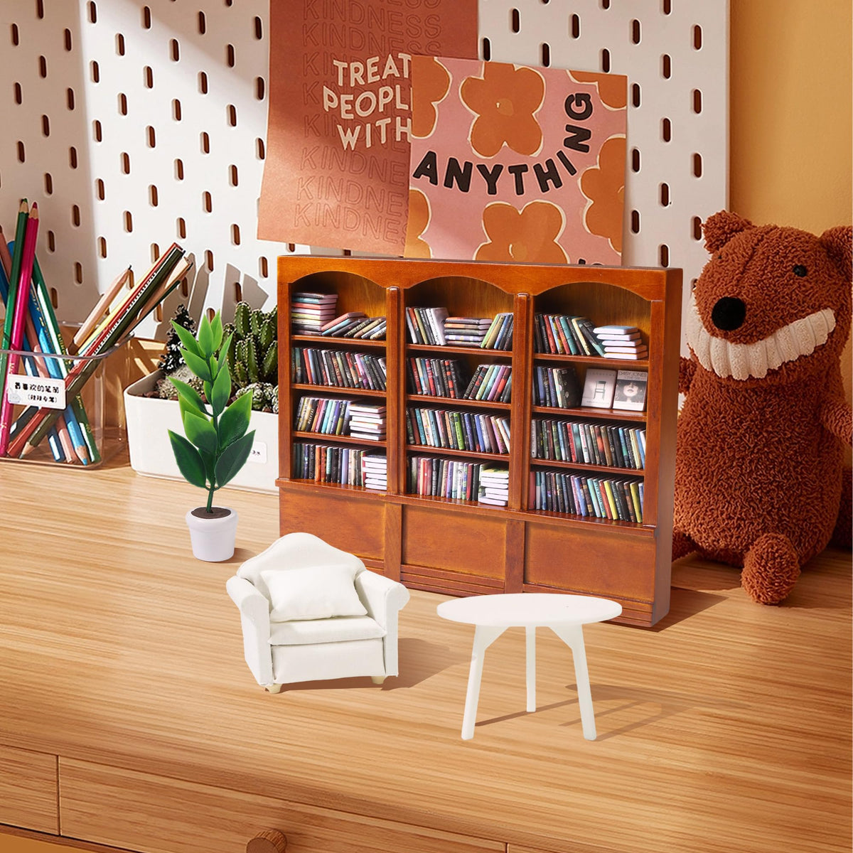 DIYDEC Mini Bookshelf dollhouse decoration enhances whimsy.
