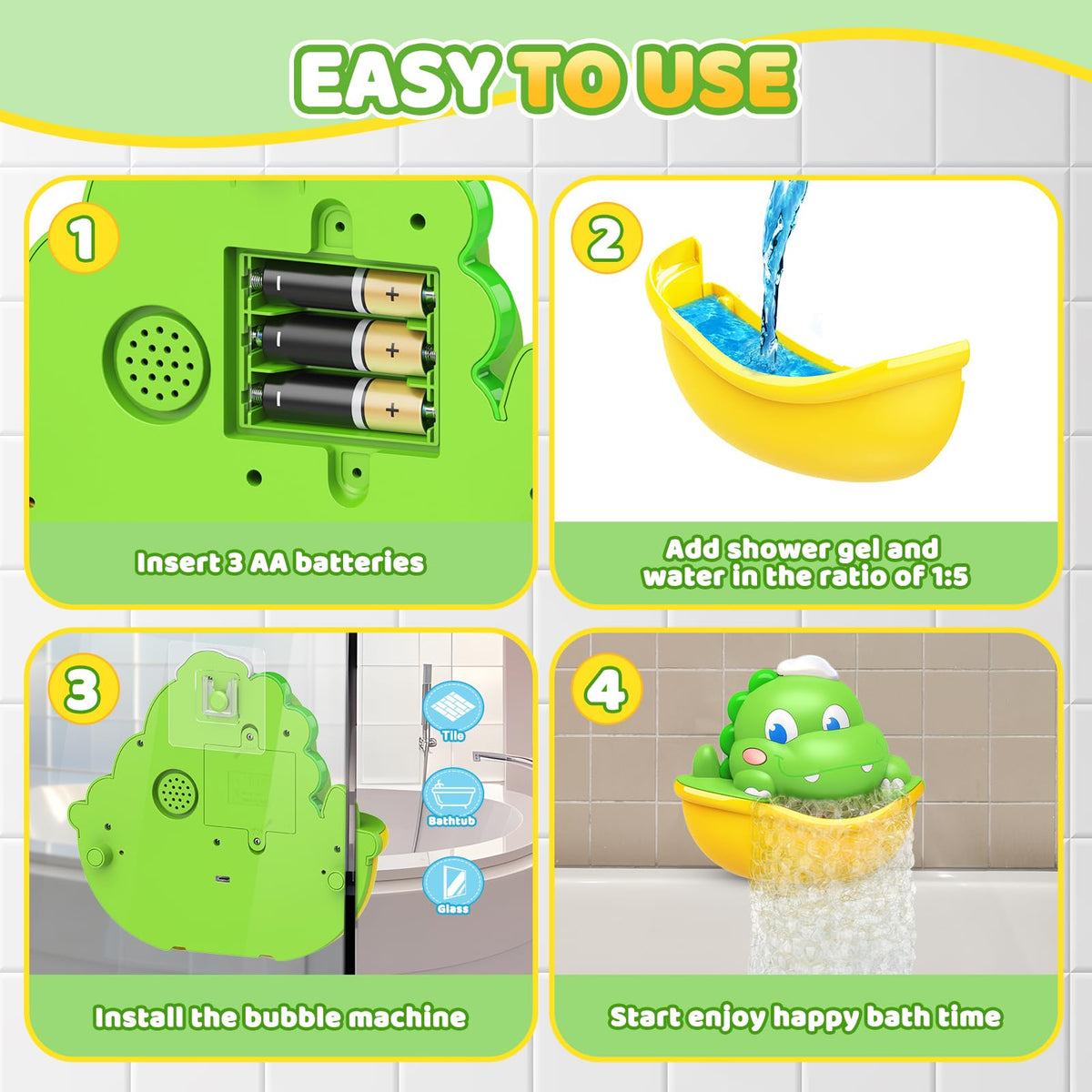 Diyfrety easy-install bubble machine with 3M hook on tiles.