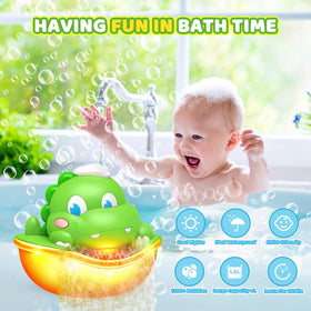 Diyfrety dinosaur bubble toy emits colorful bubbles for bath fun.