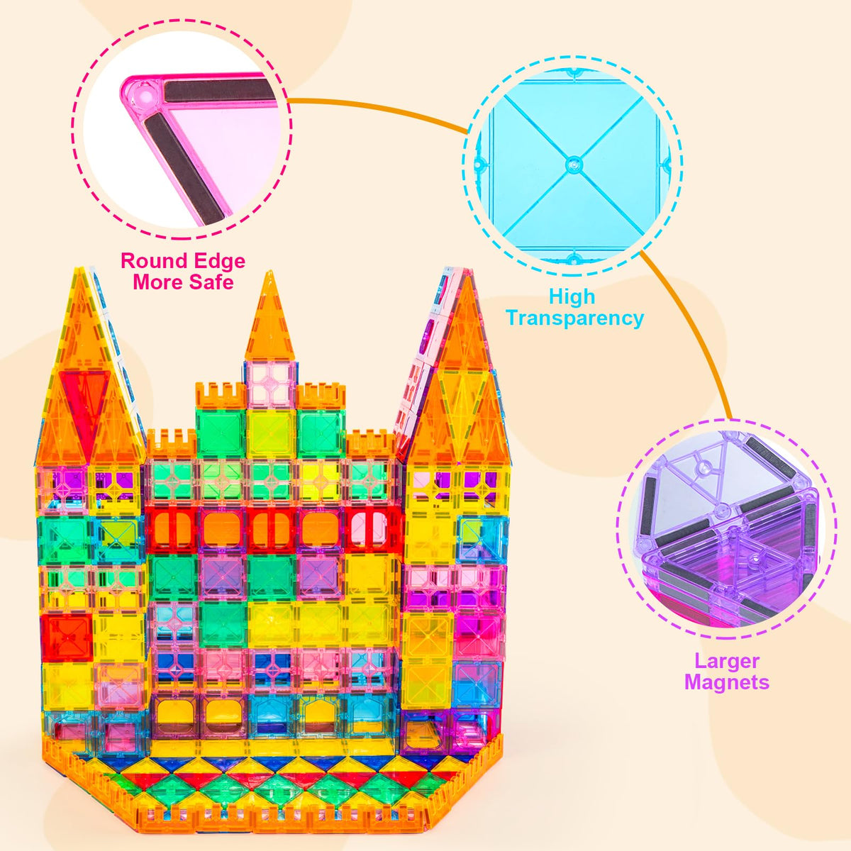 Diytoy Magnetic Tiles castle build demonstrates sturdy, tall structures with strong magnets.