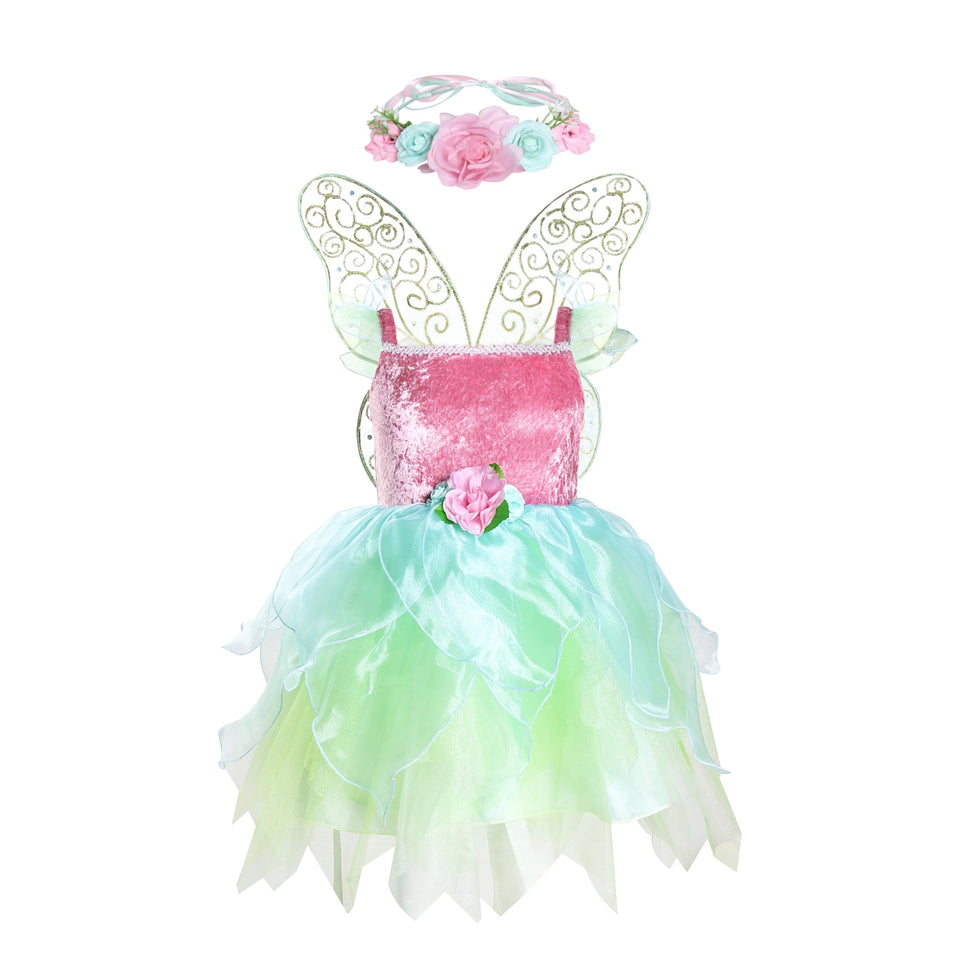 DJDLPARTY fairy costume with green velvet dress and flower headband for imaginative play.