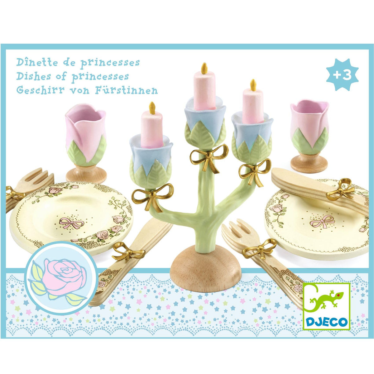DJECO Princesses Dishes with rose goblets and plates encourages sharing during pretend tea
